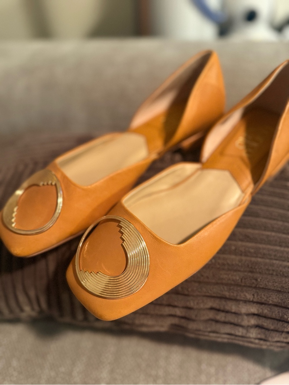 Franco Sarto Cognac Leather D’Orsay Flats with Gold Emblem Size 9 Classy